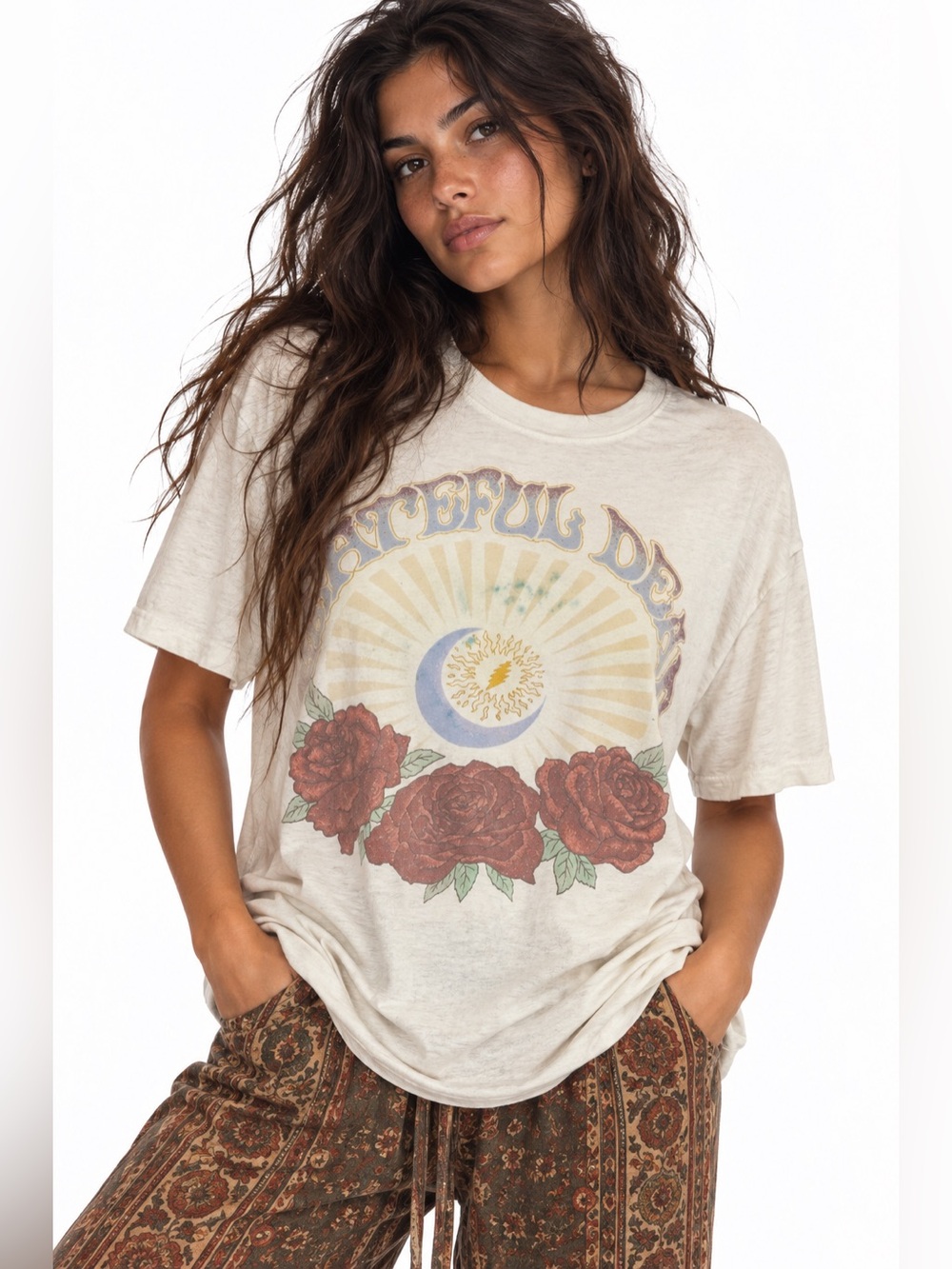 American Eagle Grateful Dead Tee Medium Roses Moon Lightning Graphic Boho
